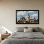 Room visualisation of Big Ben Through the Roses in a black frame, shown at 80 x 45 cm