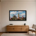 Room visualisation of Big Ben Through the Roses in a black frame, shown at 80 x 45 cm
