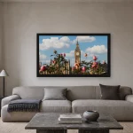 Room visualisation of Big Ben Through the Roses in a black frame, shown at 80 x 45 cm