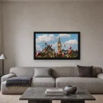 Room visualisation of Big Ben Through the Roses in a black frame, shown at 64 x 36 cm