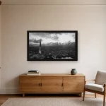 Room visualisation of The Shard from Sky Garden in a black frame, shown at 80 x 45 cm