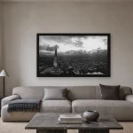 Room visualisation of The Shard from Sky Garden in a black frame, shown at 80 x 45 cm