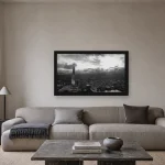 Room visualisation of The Shard from Sky Garden in a black frame, shown at 64 x 36 cm