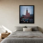Room visualisation of St. Pancras at Quarter to Five in a black frame, shown at 50 x 62.5 cm