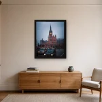 Room visualisation of St. Pancras at Quarter to Five in a black frame, shown at 50 x 62.5 cm