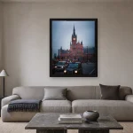 Room visualisation of St. Pancras at Quarter to Five in a black frame, shown at 50 x 62.5 cm