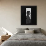 Room visualisation of Raven on Rooftop in a black frame, shown at 50 x 62.5 cm