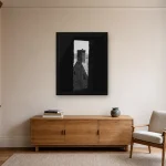 Room visualisation of Raven on Rooftop in a black frame, shown at 50 x 62.5 cm