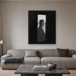 Room visualisation of Raven on Rooftop in a black frame, shown at 50 x 62.5 cm