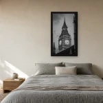 Room visualisation of Big Ben in a black frame, shown at 36 x 64 cm