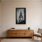 Room visualisation of Big Ben in a black frame, shown at 36 x 64 cm