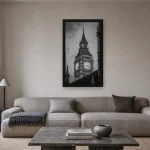 Room visualisation of Big Ben in a black frame, shown at 36 x 64 cm