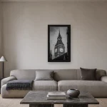 Room visualisation of Big Ben in a black frame, shown at 27 x 48 cm