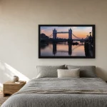 Room visualisation of Tower Bridge at Sunrise in a black frame, shown at 80 x 45 cm