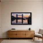 Room visualisation of Tower Bridge at Sunrise in a black frame, shown at 80 x 45 cm
