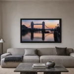 Room visualisation of Tower Bridge at Sunrise in a black frame, shown at 80 x 45 cm