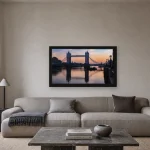 Room visualisation of Tower Bridge at Sunrise in a black frame, shown at 64 x 36 cm