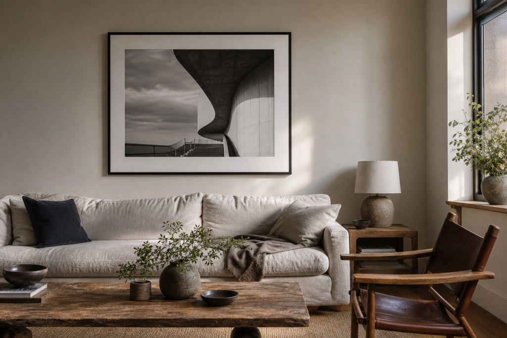 A calm neutral living room with a framed black-and-white photography print above a sofa