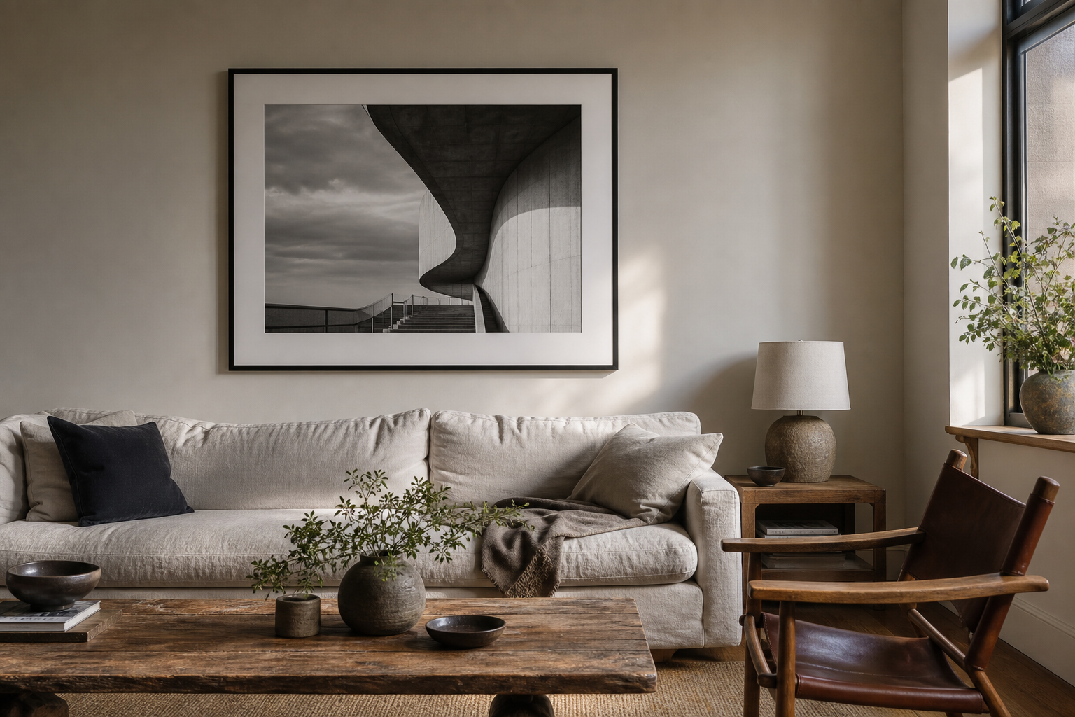 A calm neutral living room with a framed black-and-white photography print above a sofa