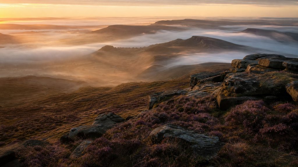 Misty Peak District ridgeline at dawn with heather and soft golden light.