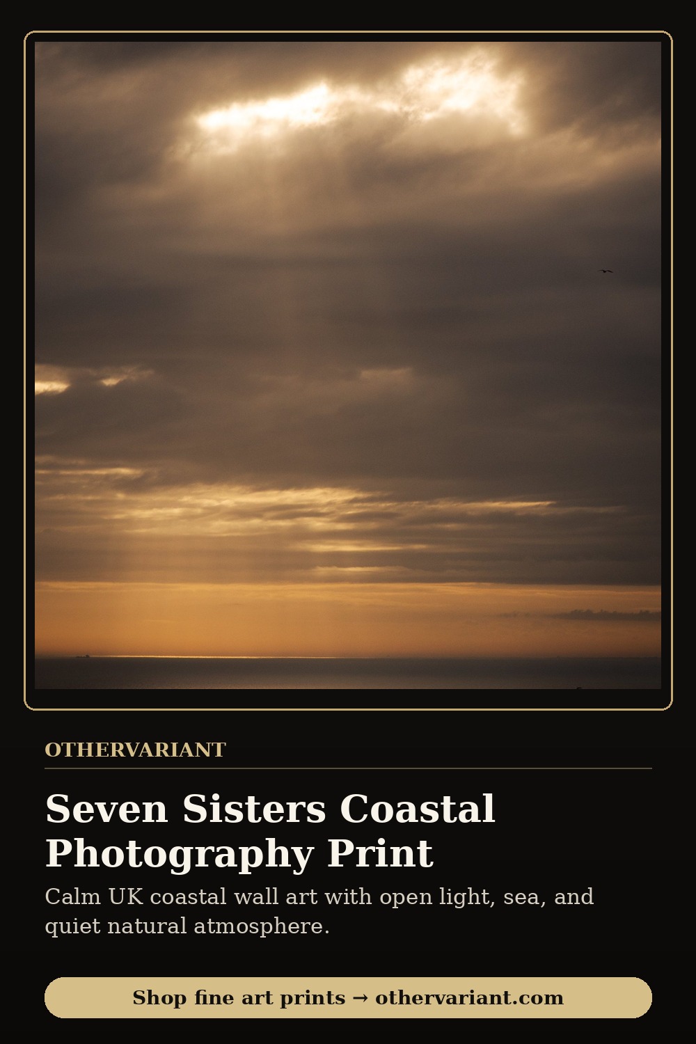 A restrained coastal landscape photograph of the Seven Sisters cliffs with soft light over the sea, used as an example of timeless landscape wall art.