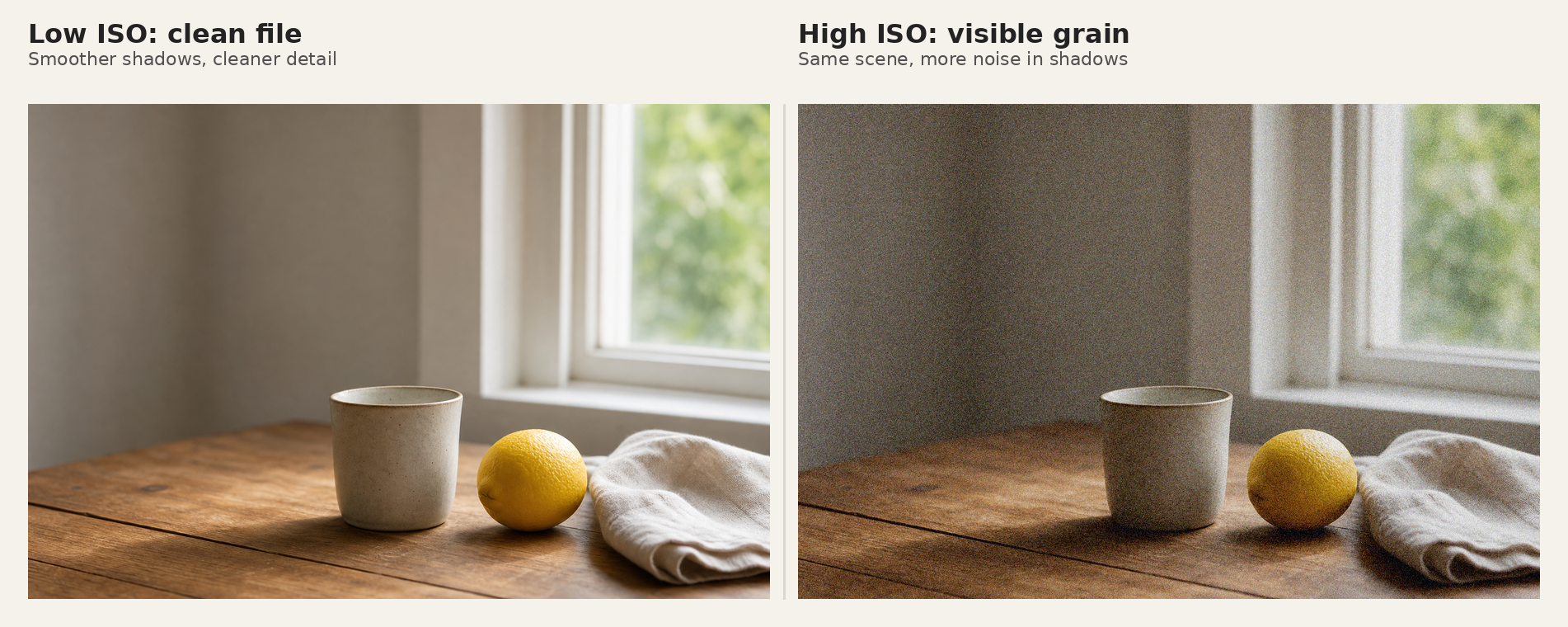 Side by side comparison of the same still life at low ISO and high ISO