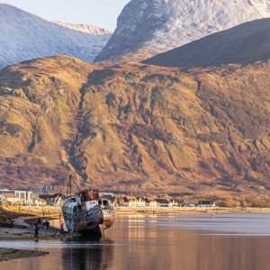 The Old Boat of Caol below Ben Nevis on Loch Linnhe near Fort William in soft winter light