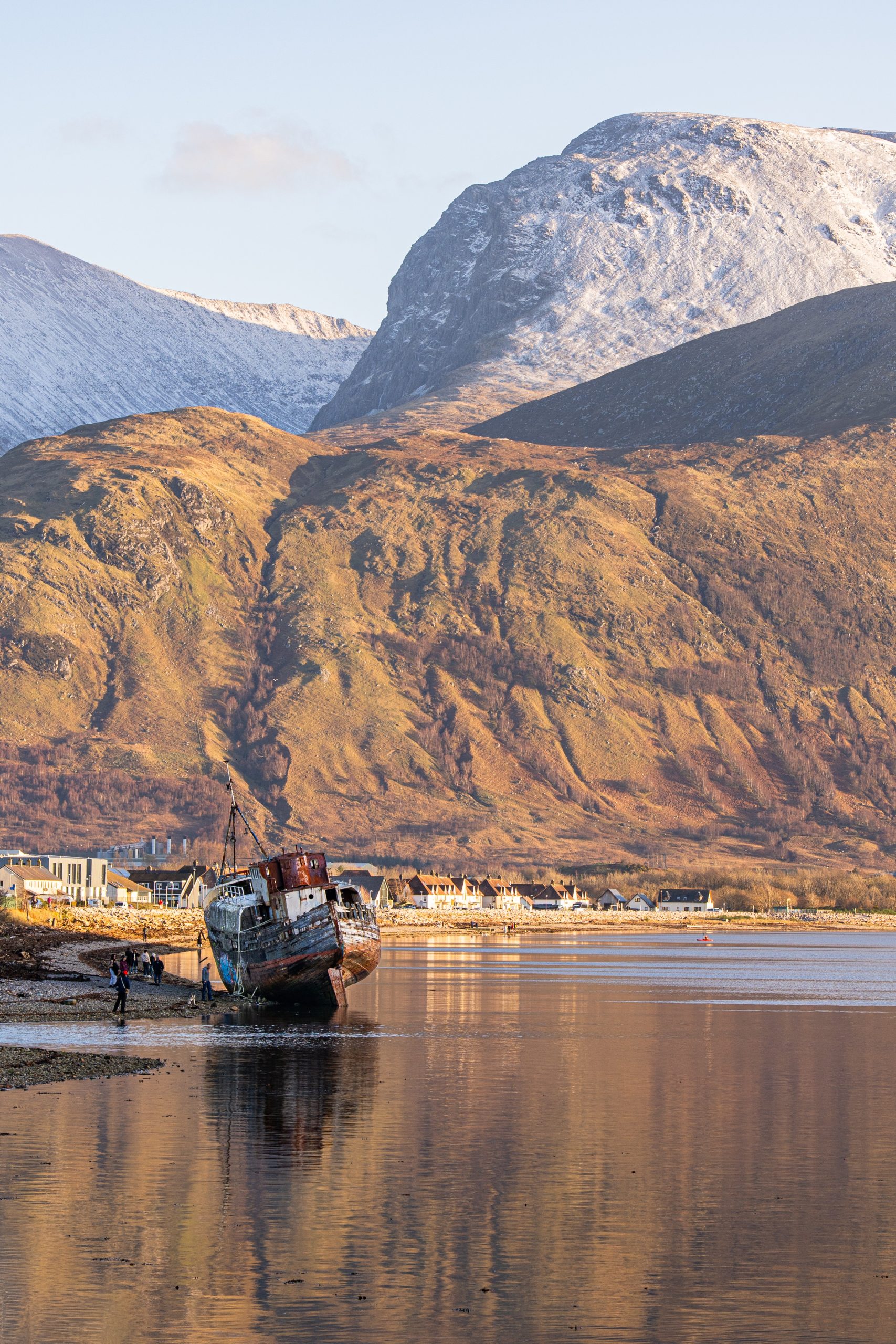 The Old Boat of Caol below Ben Nevis on Loch Linnhe near Fort William in soft winter light