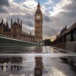 Big Ben and the Houses of Parliament seen from Westminster Bridge after rain with wet pavement reflections