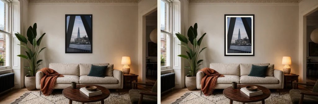 The Shard Between Shadows print shown edge to edge and with a small white mount in a lived in London flat.