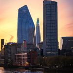 City Glow at Dusk London skyline photography print with warm windows and a dark evening sky