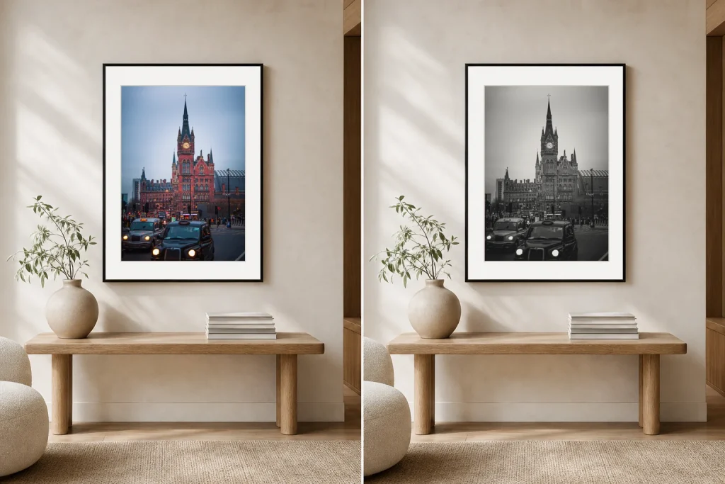 The St Pancras print shown in colour and in black and white inside the same calm room.