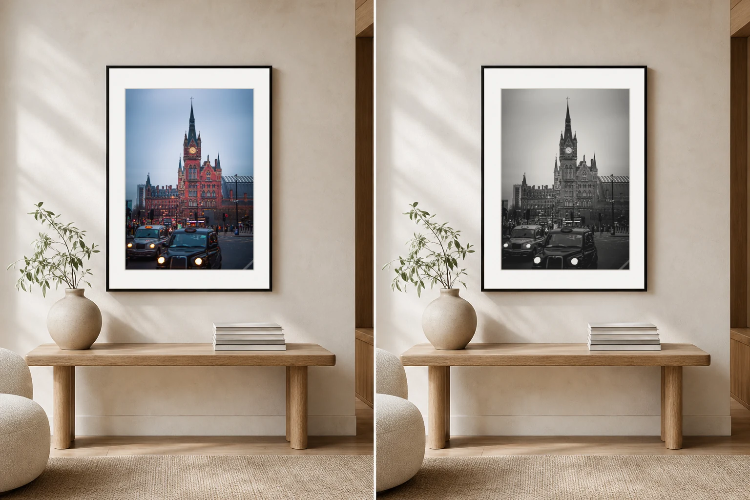 The St Pancras print shown in colour and in black and white inside the same calm room.