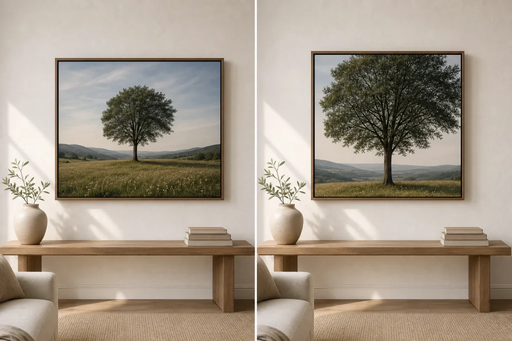 The same framed photograph shown once with the full composition and once cropped too tightly by the wrong print ratio.