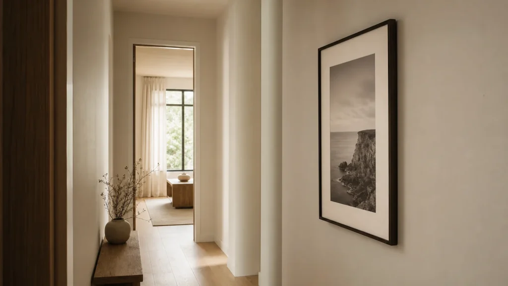 A narrow hallway with one well-proportioned framed photography print on the wall