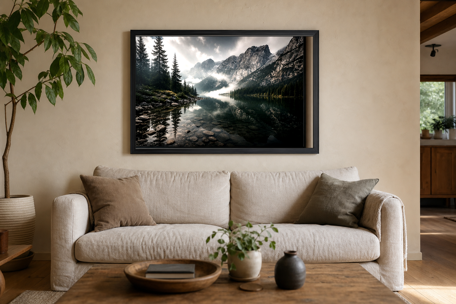 A high contrast framed photography print above a sofa in a neutral living room.