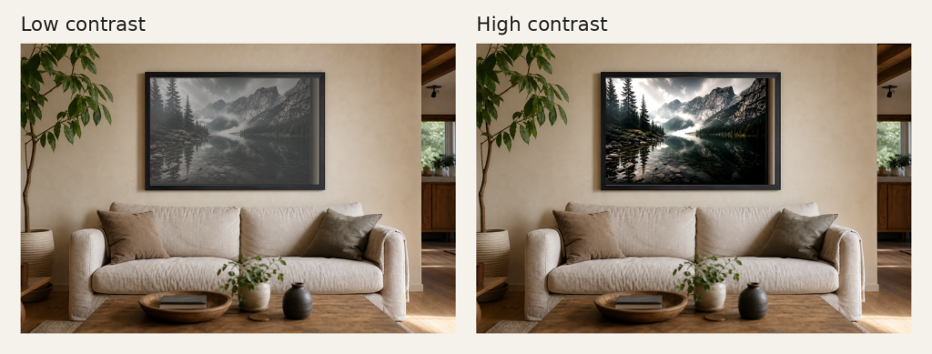 The same framed photography print in the same living room shown as low contrast and high contrast for comparison.