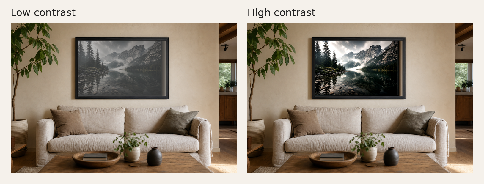 The same framed photography print in the same living room shown as low contrast and high contrast for comparison.