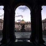 London Arches at Dusk architecture photography print used as a calm wall art example above a fireplace