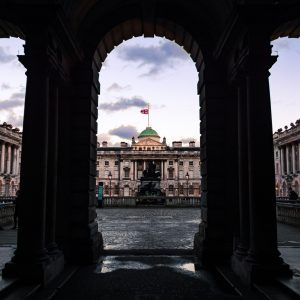 London Arches at Dusk architecture photography print used as a calm wall art example above a fireplace