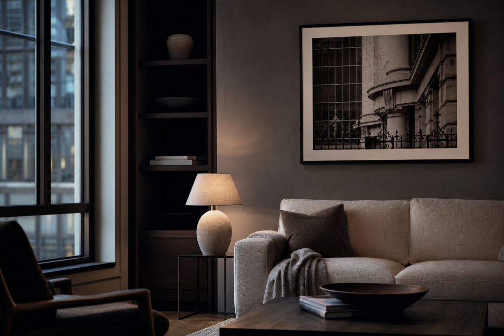 A refined urban living room with a framed black and white London architectural photography print.