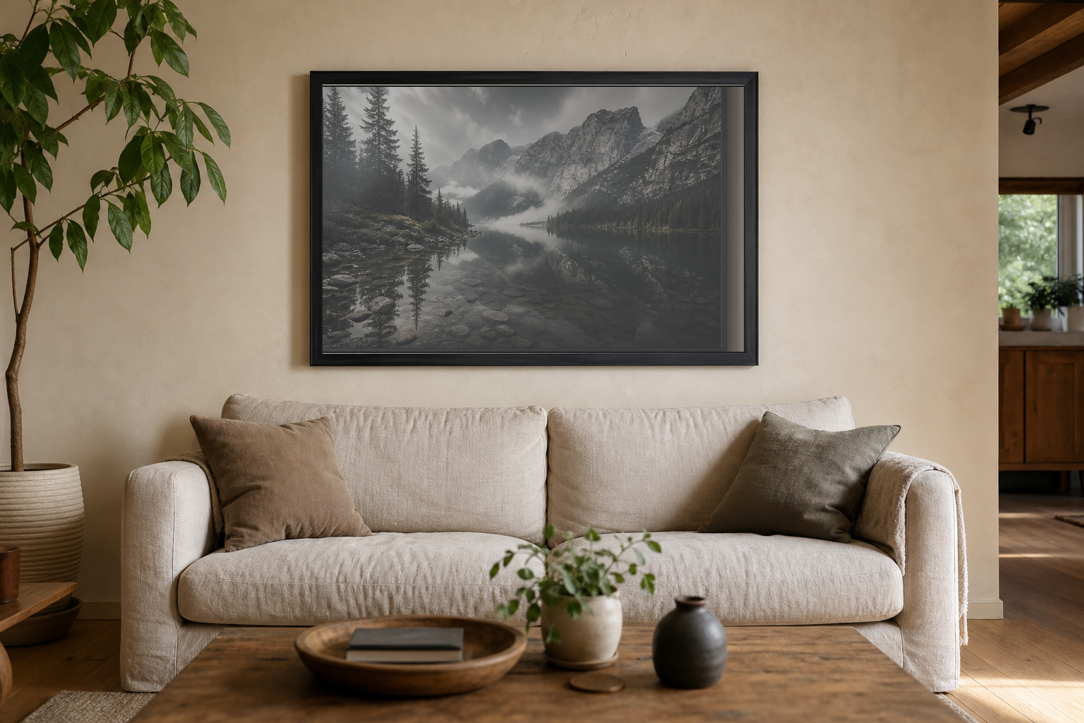 A low contrast framed photography print above a sofa in a neutral living room.