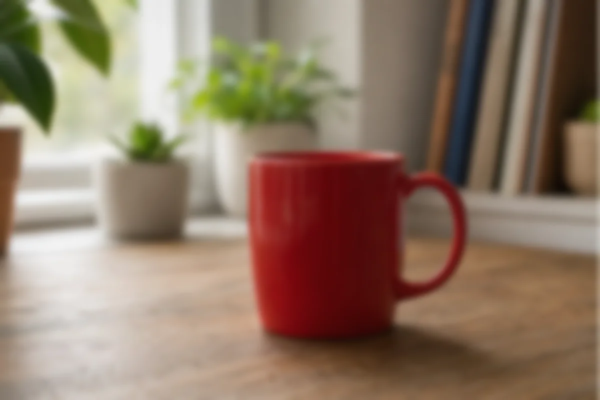 Out of focus example of the same red mug scene, blurred to show missed focus.