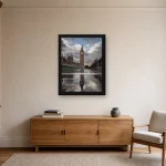 Room visualisation of Big Ben After Rain in a black frame, shown at 45 x 60 cm