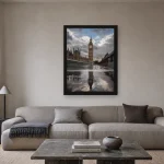 Room visualisation of Big Ben After Rain in a black frame, shown at 45 x 60 cm