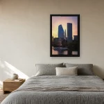 Room visualisation of City Glow at Dusk in a black frame, shown at 40 x 60 cm