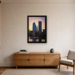 Room visualisation of City Glow at Dusk in a black frame, shown at 40 x 60 cm