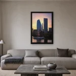 Room visualisation of City Glow at Dusk in a black frame, shown at 40 x 60 cm
