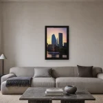 Room visualisation of City Glow at Dusk in a black frame, shown at 30 x 45 cm