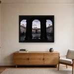Room visualisation of London Arches at Dusk in a black frame, shown at 80 x 60 cm